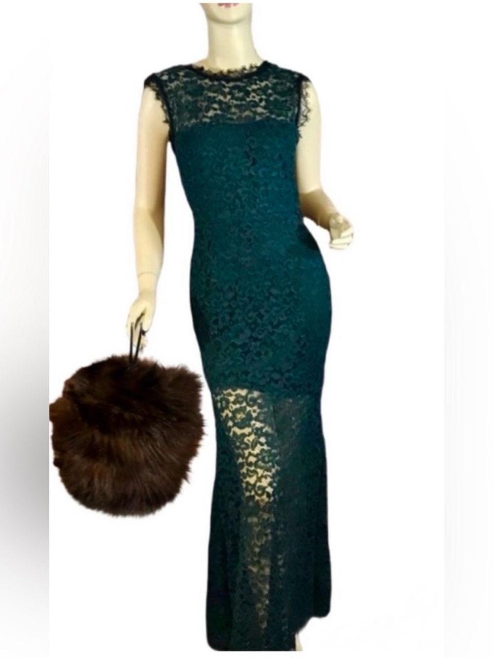 SOPHIA KAH BARNEY'S NEW YORK GREEN LACE MAXI DRESS WITH BLACK LACE TRIM (10)